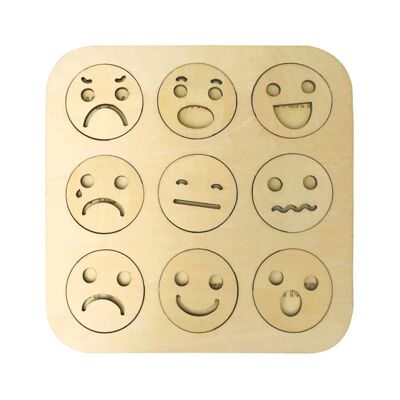 Puzzle en bois avec un visage souriant. Apprenez les émotions en anglais. Couleur : Bois