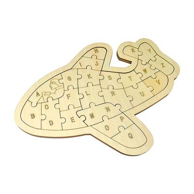 Puzzle en bois Motif avion avec alphabet. Couleur : Bois