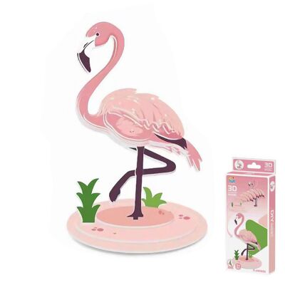 Puzzle 3D in cartone con rilievo. Disegno Flamenco. Colore: Rosa