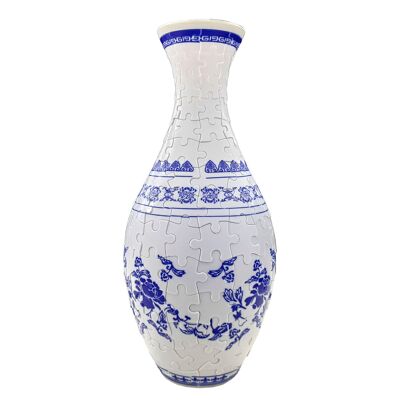 Puzzle 3D in ABS da 160 pezzi. Design tradizionale di un vaso con fiori blu. Colore bianco