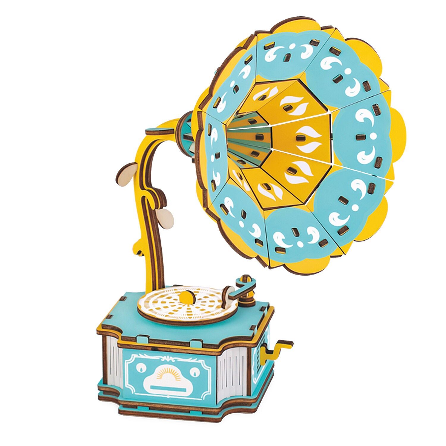 Modèle 3D en bois. Phonographe bleu. 74 pièces. Couleur : Multicolore