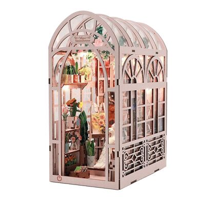 Study in the garden. Wooden Book Nook, realistic 3D design with great detail, cover and LED lights. White color