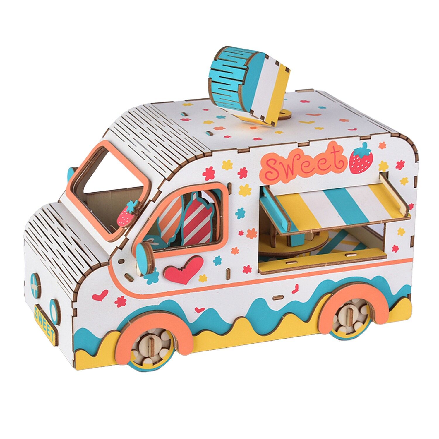 Modèle 3D en bois. Camion de crème glacée. 100 pièces. Couleur : Multicolore
