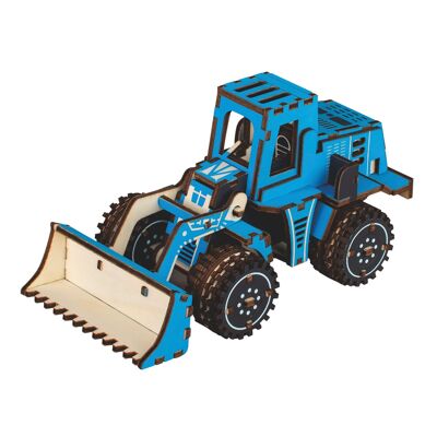 3D wooden model. Tractor with loading shovel. 116 pieces. Color blue