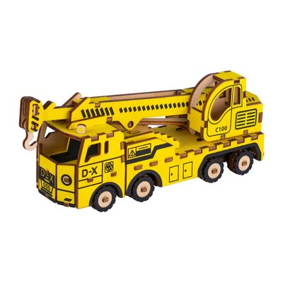 3D wooden model. Truck with Crane. 109 pieces.Color: Yellow