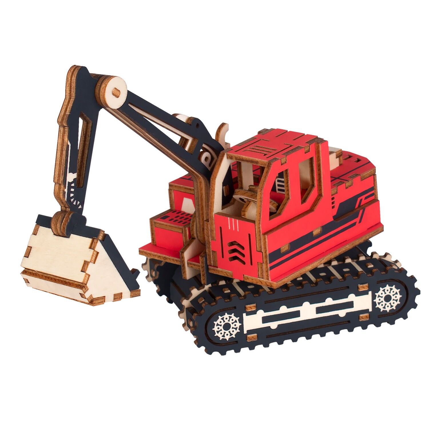 Modèle 3D en bois. Excavatrice rouge. 84 pièces. Couleur rouge