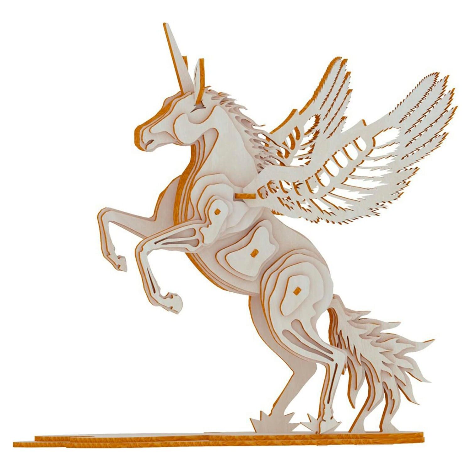 Modèle 3D en bois. Licorne avec des ailes. 41 pièces. Couleur : Bois