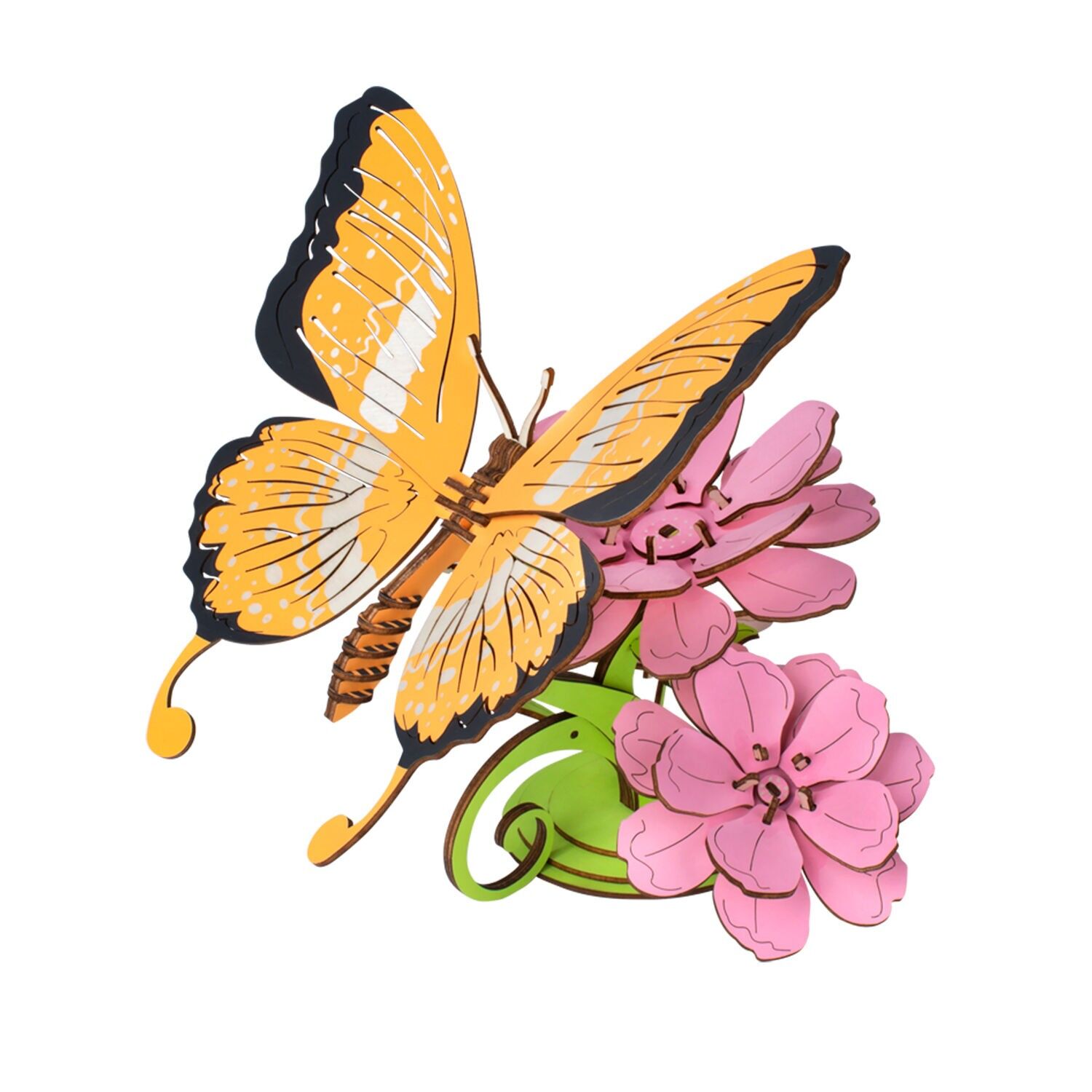 Modèle 3D en bois. Papillon perché sur des fleurs. 80 pièces. Couleur : Multicolore