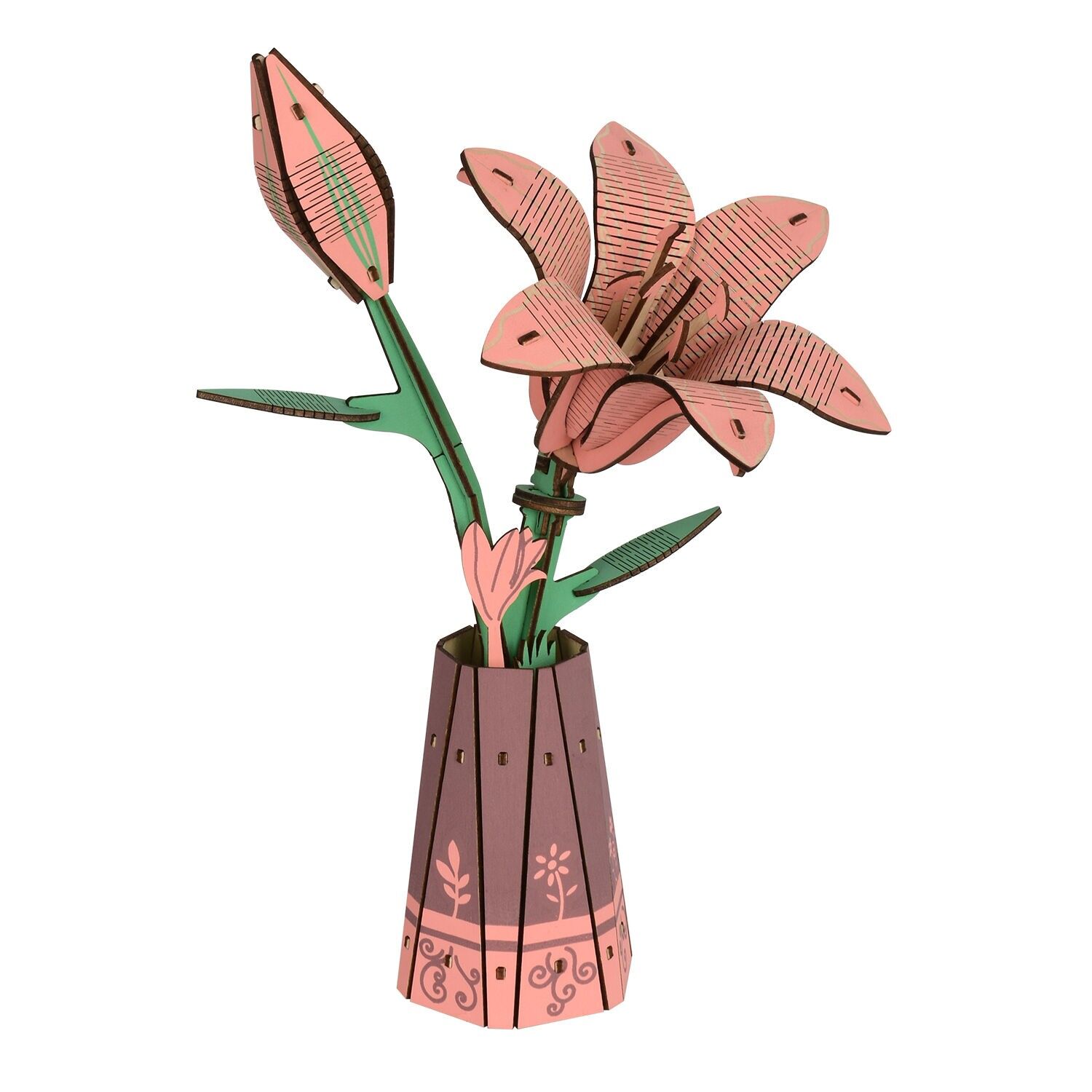 Modèle 3D en bois. Vase avec lys. 69 pièces. Couleur: rose clair