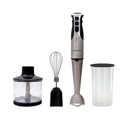 Batidora de 800W con tres velocidades. Incluye picadora, amasador y taza con tapa. Color: Plata
