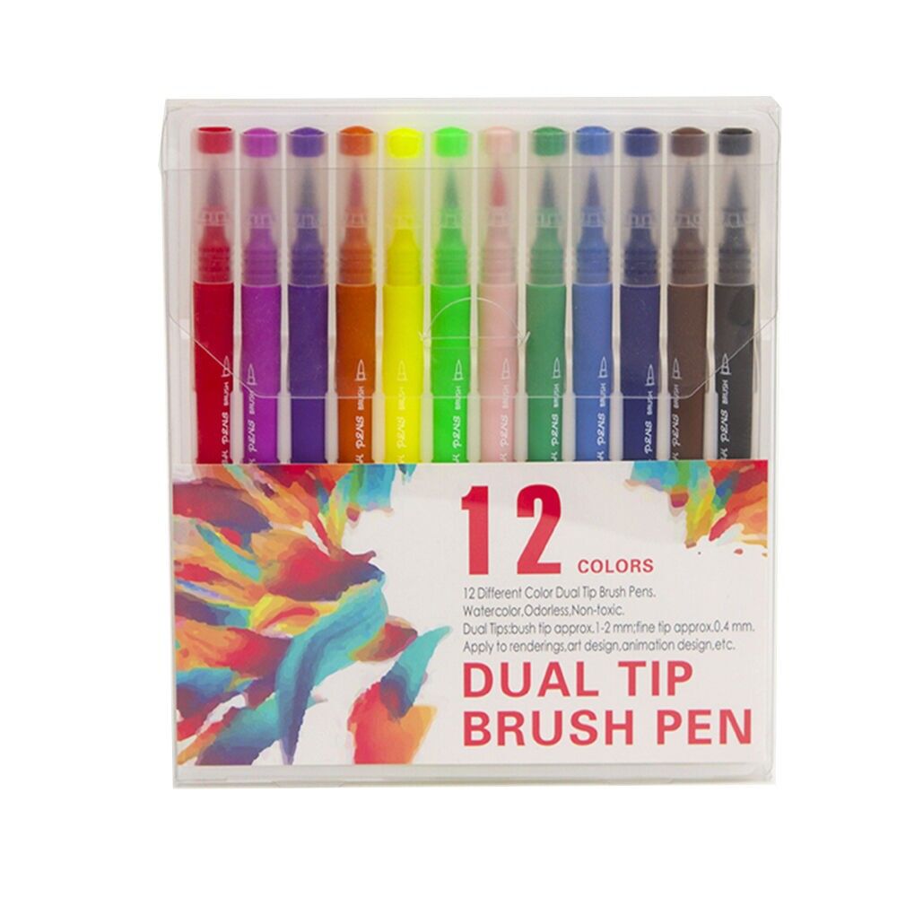Set of 12 double-tip color markers, fine tip 0.4 mm and professional watercolor brush tip.Ergonomic triangular shape for lettering, calligraphy, illustrations...