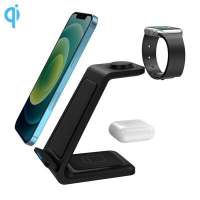 Stazione di ricarica 3 in 1 da 15 W. Base di ricarica wireless Qi per 2 smartphone, cuffie e Apple Watch.