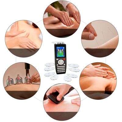 Elettrostimolatore muscolare portatile EMS MHD-YK16. 16 modalità, 20 intensità, 2 canali. Dimensioni compatte, batteria ricaricabile.