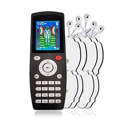 EMS Portable MHD-YK16 muscle electrostimulator. 16 modes, 20 intensities, 2 channels. Compact size, rechargeable battery.