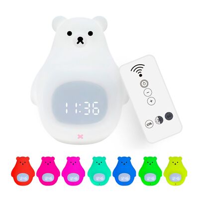 Sveglia per bambini con luce notturna. Luce LED RGB multicolore, telecomando. Disegno dell'orso polare.