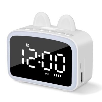 Sveglia LCD con luce notturna, altoparlante Bluetooth integrato, termometro, radio, supporto per smartphone. Batteria ricaricabile.