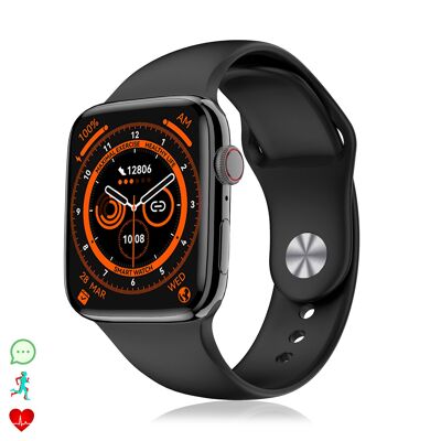 Smartwatch DT8 MAX con modalità sportive, assistente vocale, widget, schermo da 2". Pressione sanguigna, O2, monitoraggio cardiaco; termometro.