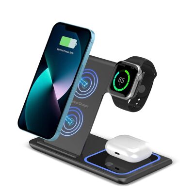 Base de chargement sans fil pliable 3 en 1. Base Qi double position 15 W, chargeur Apple Watch et base Qi. Avec lumière ambiante bleue. Fonction support.