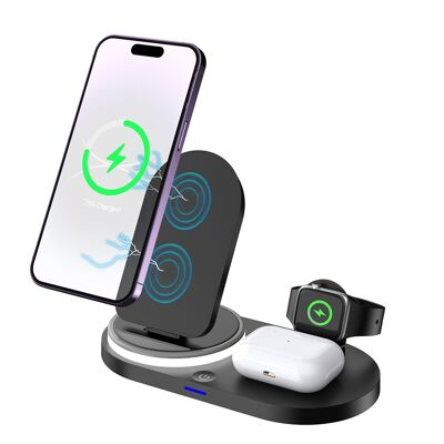 Base de chargement sans fil pliable 3 en 1. Base Qi double position 15 W, chargeur Apple Watch et base Qi. Avec veilleuse. Fonction support.