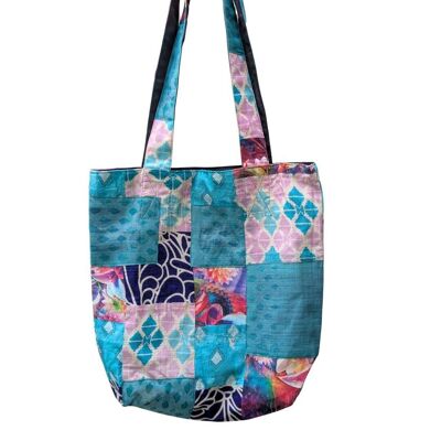 Sacs fourre-tout colorés en patchwork de sari, sac week-end issu du commerce équitable dans des tons bleu sarcelle