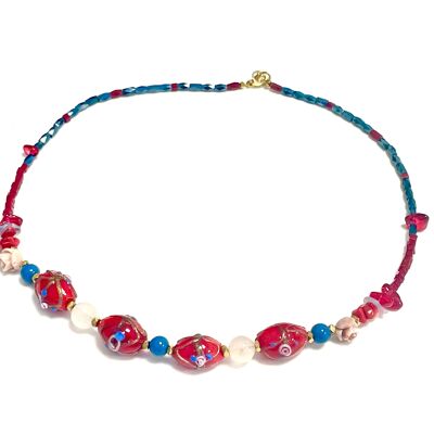 Collana di perle di vetro lavorate pietra naturale rossa