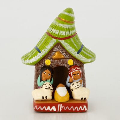 Crèche de Noël faite à la main avec toit vert, produit du commerce équitable