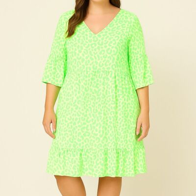 ABITO MIDI CON STAMPA LEOPARDATA NEON, MANICHE A CAMPANA E ORLO CON VOLANT