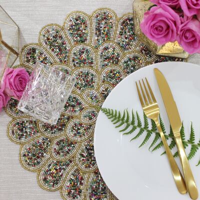 Tovaglietta fatta a mano con perline fatte a mano con petali luccicanti oro e argento - Confezione da 8