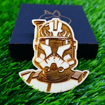 Aimant en bois Capitaine Rex – Décoration Star Wars Clone Wars – Aimant de réfrigérateur gravé – Cadeau en bois naturel – Art du casque Rex – Objet de collection Star Wars Commandant