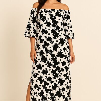 PRINTED OFF SHOULDER DRESS WITH BELL SLEEVES AND SIDE END SPLITS