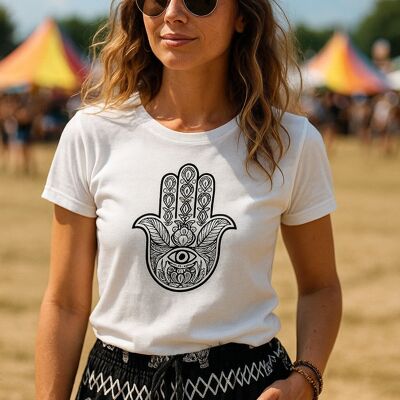 T-shirt Bohotusk en coton blanc pour femme, motif « Main qui voit tout », tailles XS à 2XL (UK 6 à 18)