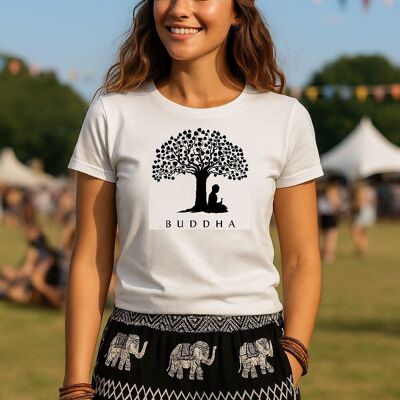 T-shirt da donna in cotone bianco con scritta "Buddha sotto un albero" di Bohotusk, taglia XS - 2XL (UK 6 - 18)
