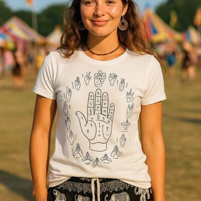 Camiseta de algodón blanca Bohotusk Mudra Energy Flows para mujer, tallas XS-2XL (UK 6-18)
