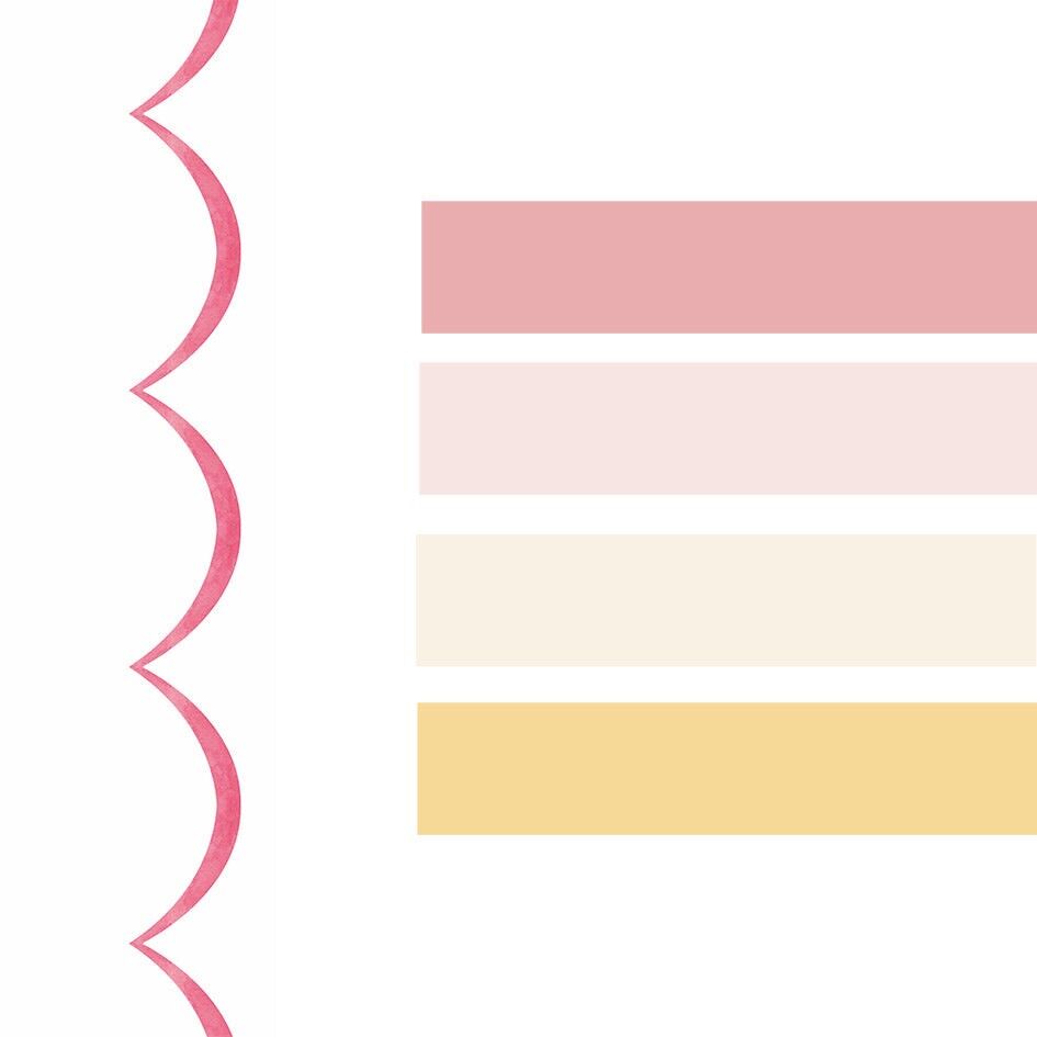 Cenefa de papel pintado con motivos festoneados "Coeur et Maman" (8×100 cm) – Motivo festoneado de acuarela en coral, lila y azul bígaro para habitaciones infantiles, guarderías e interiores tradicionales ingleses de estilo milenial.