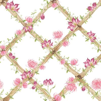 Cenefa de papel pintado con enrejado de bambú "Coeur et Maman" con diseño floral de crisantemos trepadores y tulipanes tigre para habitación infantil (8×100 cm)