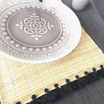 Handwoven Raffia Placemat with Black Tassels – Boho Table Decor