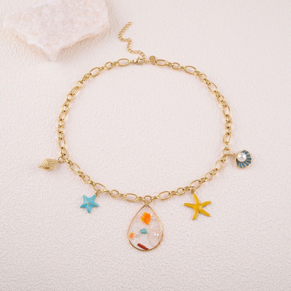 Halskette – Meeresquasten (Muscheln, Seesterne, Harztropfen)