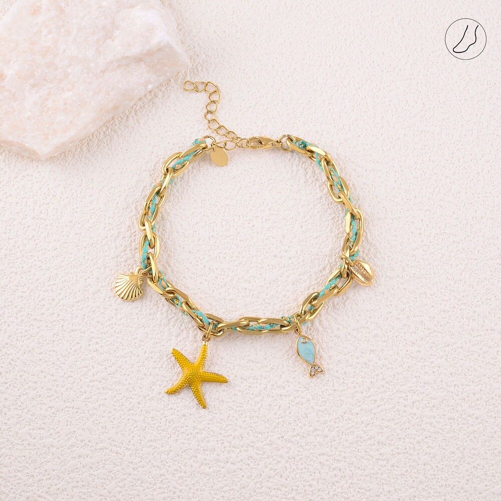 Fußkettchen – Kette und geflochtene Kordel, 3 Quasten (Muschel, emaillierter Seestern und Perlfisch und Zirkoniumoxide)