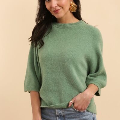 Suéter de cuello redondo con mangas raglán 3/4 en alpaca y lana