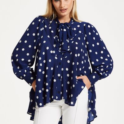 Camicetta con orlo svasato a pois blu navy