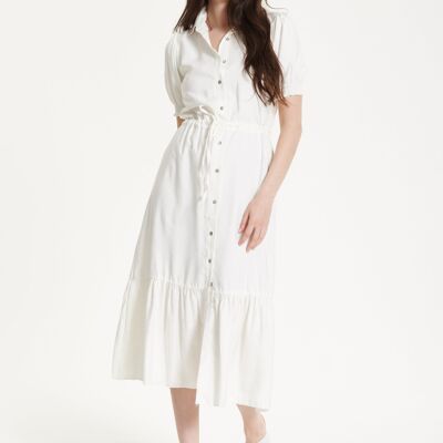 Vestido midi blanco con cinturón y botones