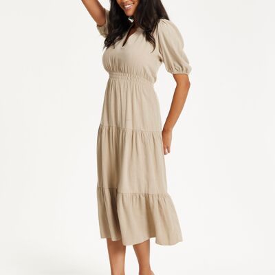 Beige Puff Sleeve Tiered Midi Dress