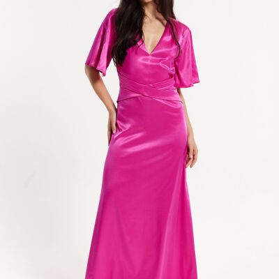 Vestido largo cruzado de satén rosa intenso con mangas con vuelo