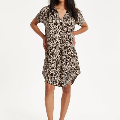 Robe chemise à col en V et imprimé léopard