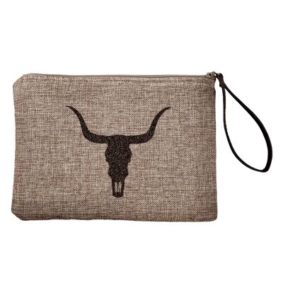 Pouch L, Buffalo head, anjou jute