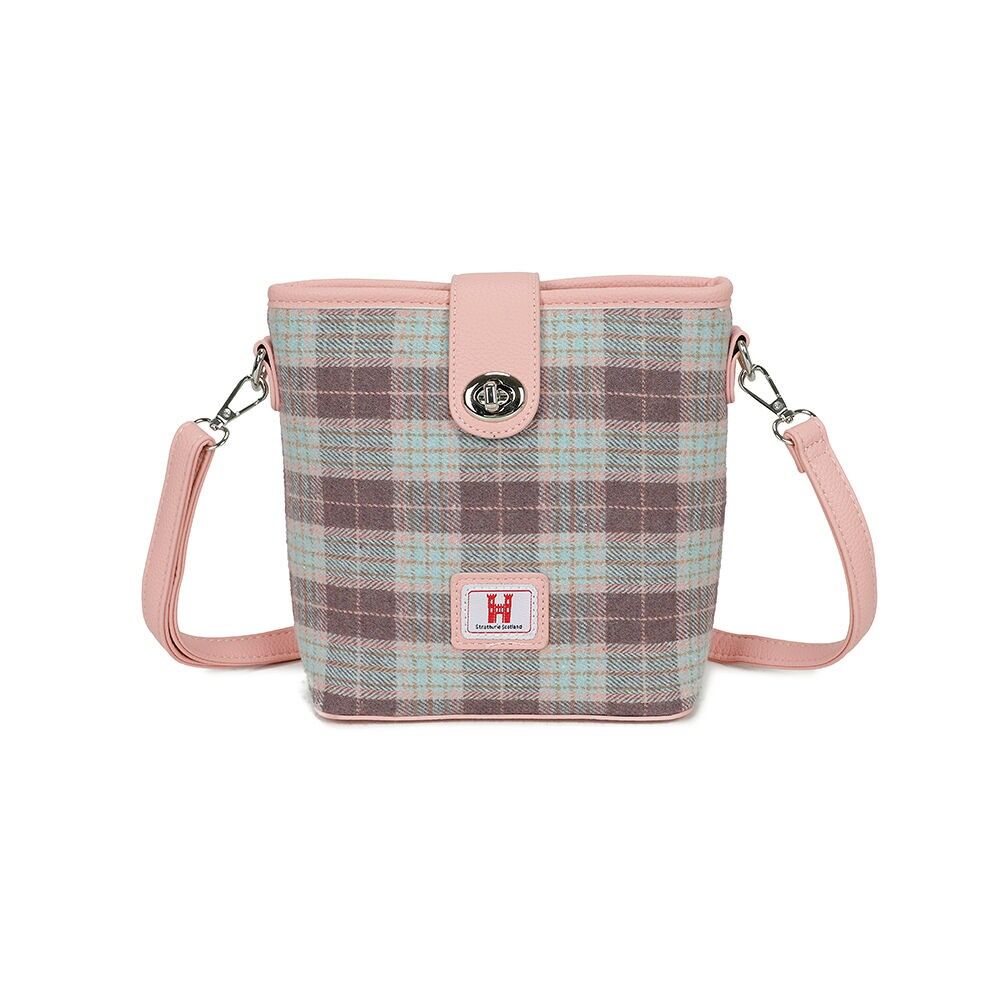 Borsa a tracolla Strathurie in tweed grigio e rosa tartan 7113