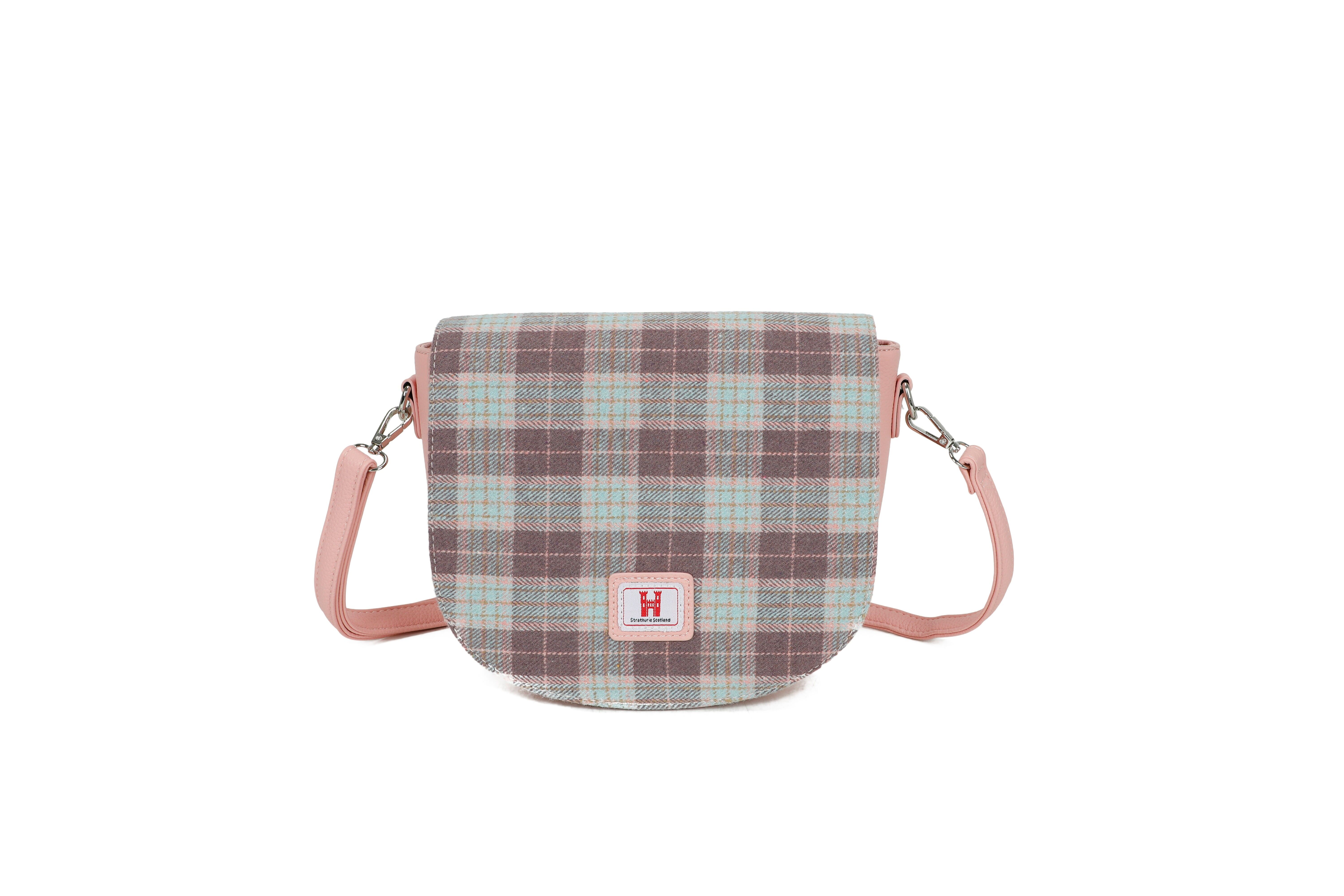 Borsa stile sella in tartan grigio rosa in tweed Strathurie 7116