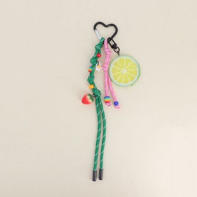 Bag charm - strawberry, fruit slice, 2 beaded cords