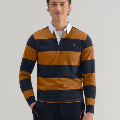 Maillot de rugby rayé moutarde et bleu marine