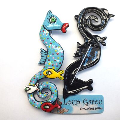 "Seahorse blue with polka dots" brooch